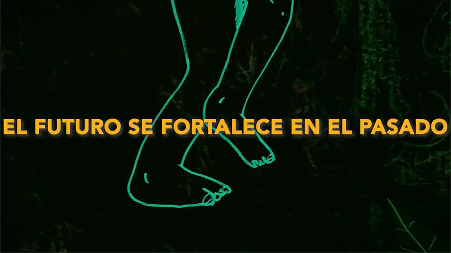 Text: Through the past is the future, over an animated film still of turquoise legs walking across a black background.