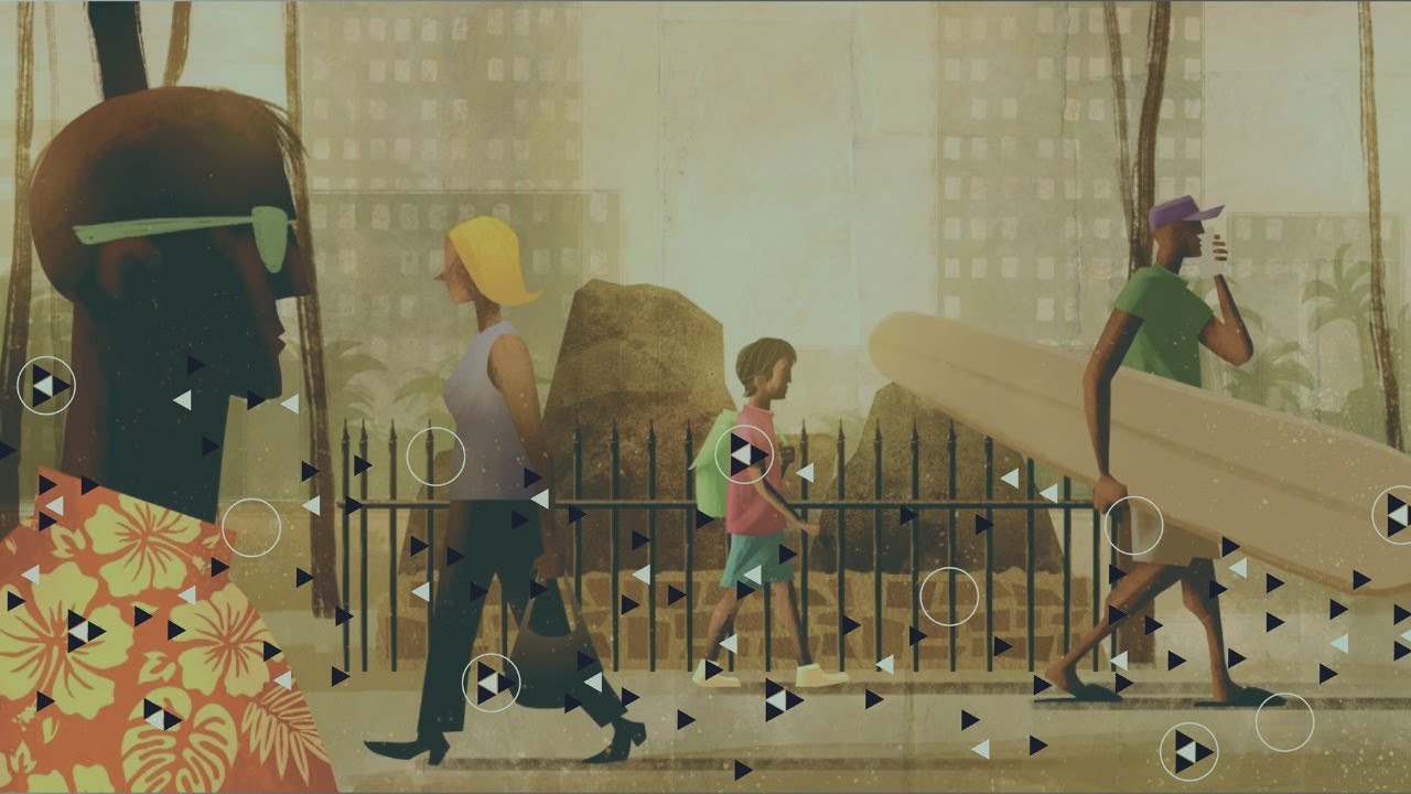 Animated film still of people walking by boulders behind an iron gate.